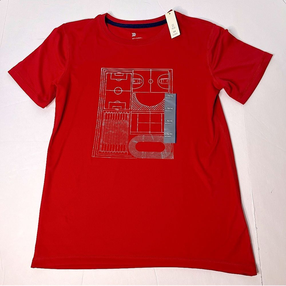 All in Motion Boys Tagless Red Athletic Shirt With Moisture Wick Size L NEW!